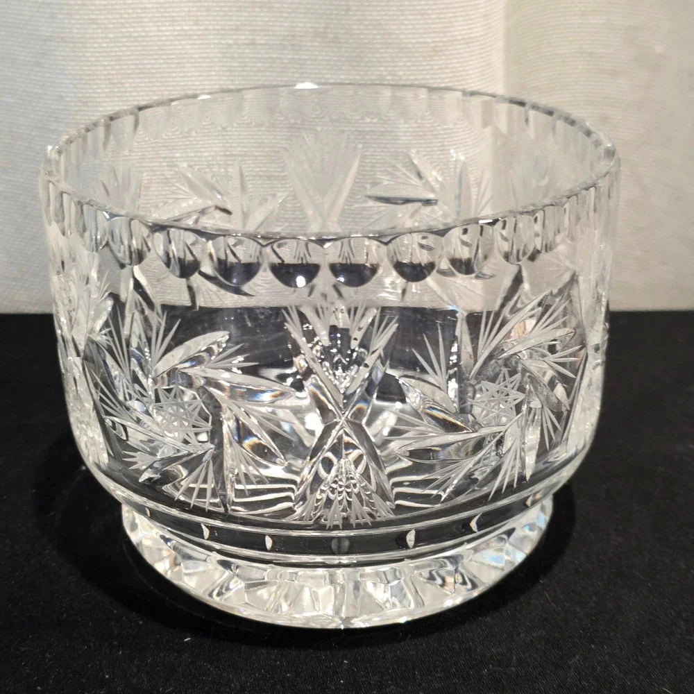 Vintage Pinwheel Cut Crystal Glass Serving Bowl Ice Bucket Scalloped Rim Heavy